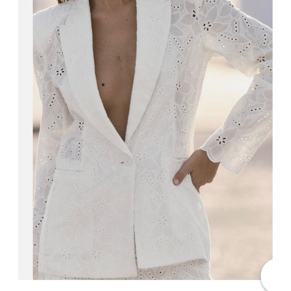 Zara Eyelet Lapel Collar Blazer White Perforated Embroidery L Large